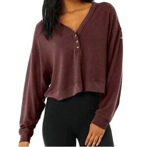 Alo Yoga Soho Cropped Henley S Cherry Cola Oversized Soft Lounge V Neck Minimali